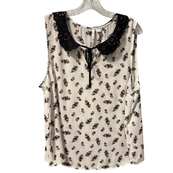 Lauren Conrad Floral Sleeveless Blouse With Scalloped Collar & Tie Neck Sz XL - Picture 7 of 12